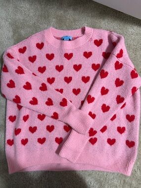 CeCe Pink Crewneck Sweater with Red Heart Pattern